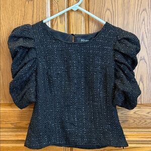 DO+BE Black Puff Sleeve Tweed Blouse